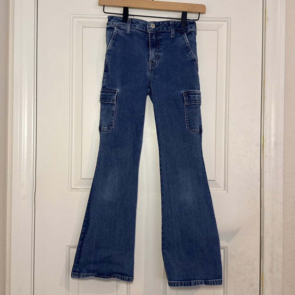 Gap Kids 70s Flare High Rise Cargo Jeans Medium Wash Blue Denim Size 10
